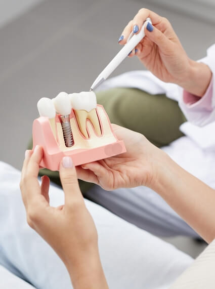 Dentist showing a patient a model of how dental implants work