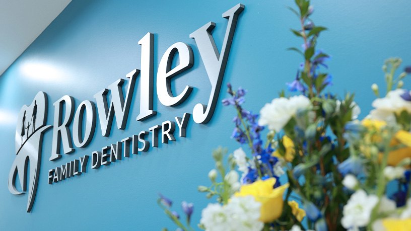 Flowers on front desk at Rowley Family Dentistry