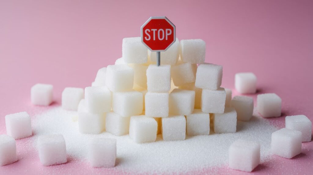 A bunch of sugar cubes with a stop sign