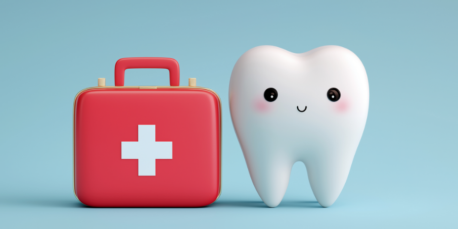 3D image of a tooth and a first aid kit